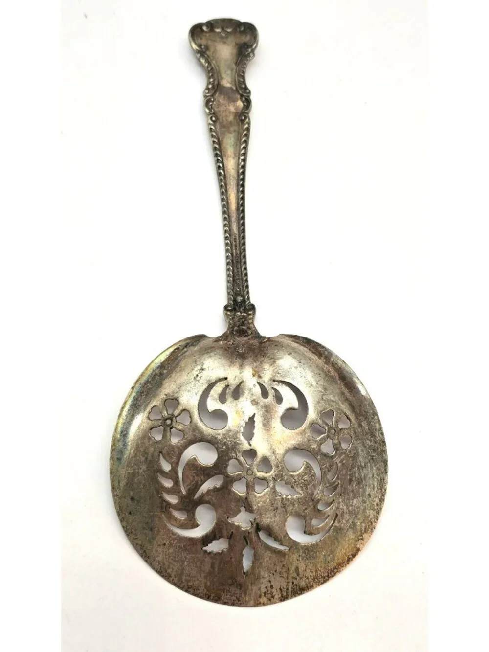 Antique Sterling Silver Pierced Serving Spoon Bonbon Floral Handle Mono CM2267